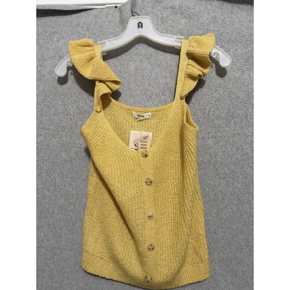 MINE Cardigan Sweater Womens Small Yellow Ruffle Strap Button Front Knit Top